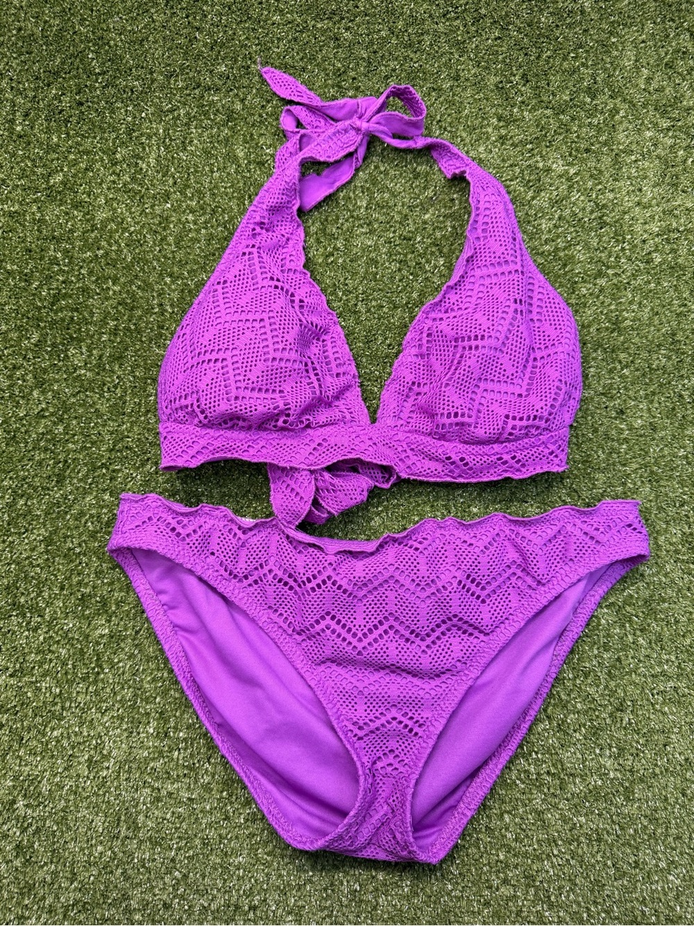 Mossimo Target Y2K Vibrant Purple Crochet Halter Bikini Set Sexy L/XL